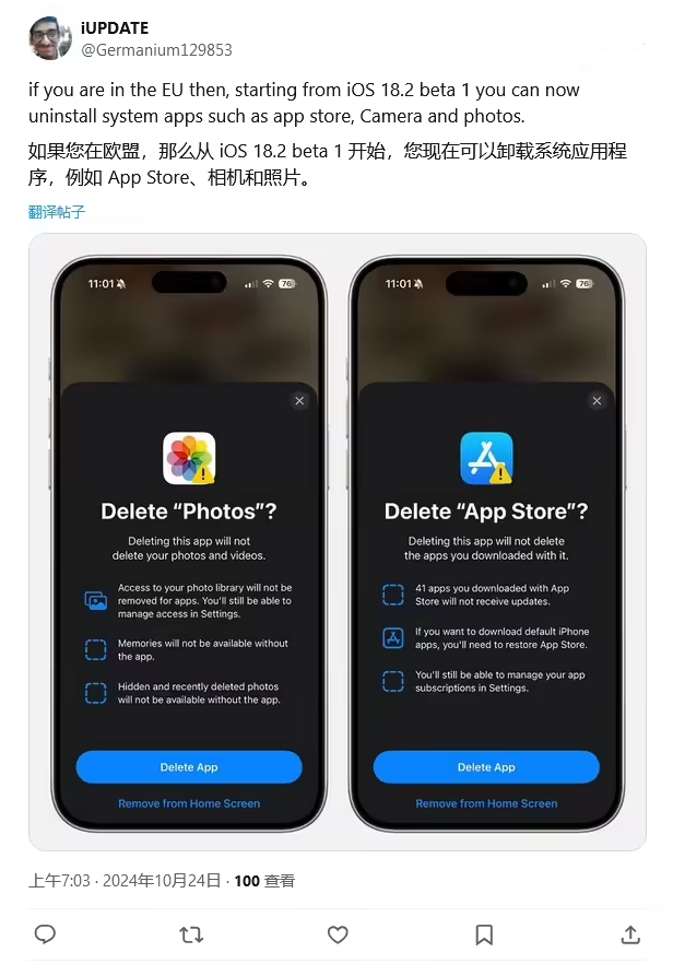 石首苹果手机维修分享iOS 18.2 支持删除 App Store 应用商店 